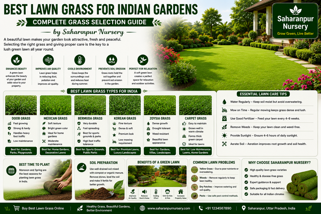 Best Lawn Grass for Indian Gardens – Complete Grass Selection Guide | Saharanpur Nursery (2026 Guide)