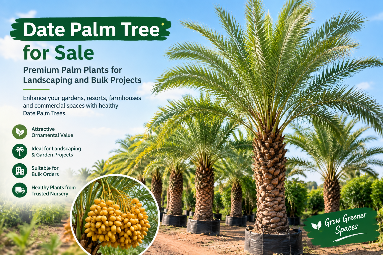 Date Palm Trees available for sale at a plant nursery for landscaping projects.