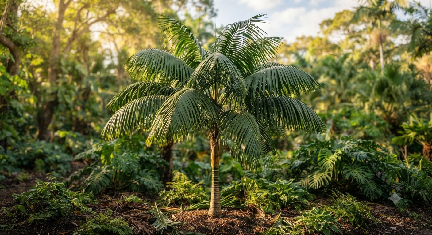 Kentia Palm with long arching green leaves in a decorative indoor planter
