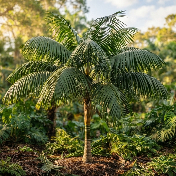 Kentia Palm with long arching green leaves in a decorative indoor planter