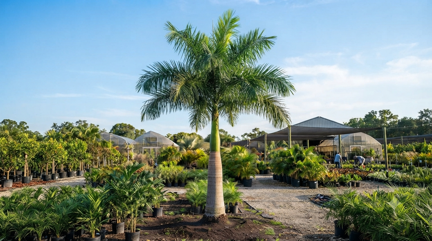 Royal Bottle Palm Tree available for sale at a nursery for landscaping projects.