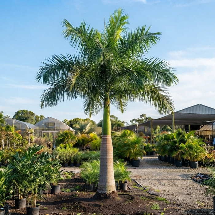 Royal Bottle Palm Tree available for sale at a nursery for landscaping projects.