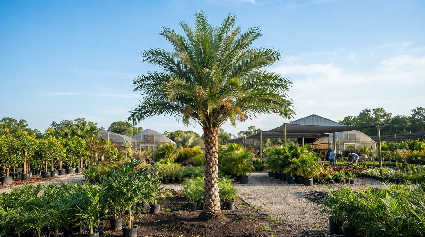 Phoenix Palm Trees for sale at a nursery for landscaping and bulk supply.