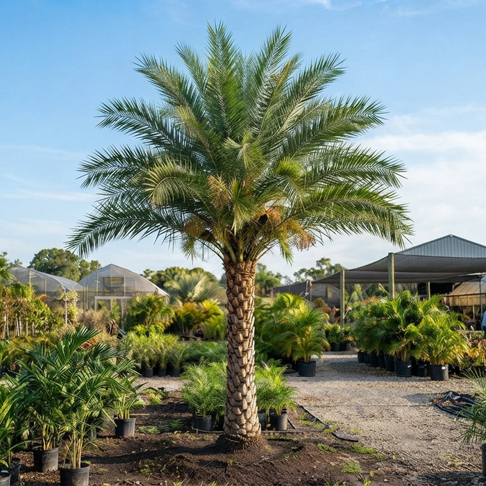 Phoenix Palm Trees for sale at a nursery for landscaping and bulk supply.