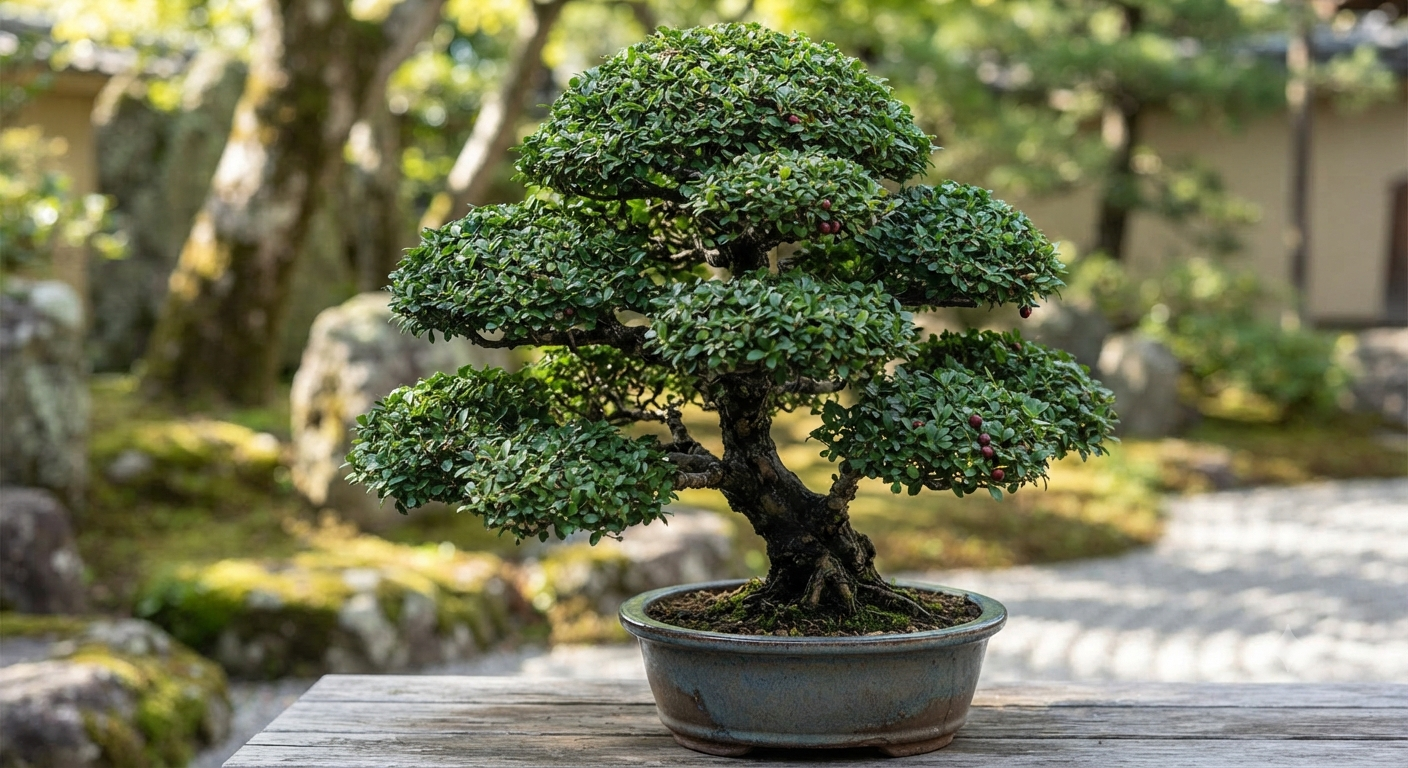 Carmona Ball Plant with dense green foliage and rounded shape in a decorative garden pot