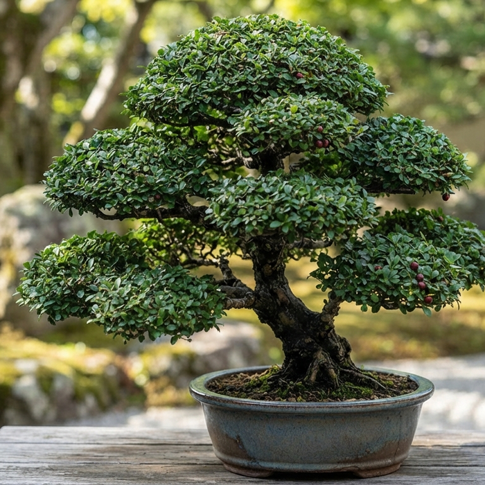 Carmona Ball Plant with dense green foliage and rounded shape in a decorative garden pot