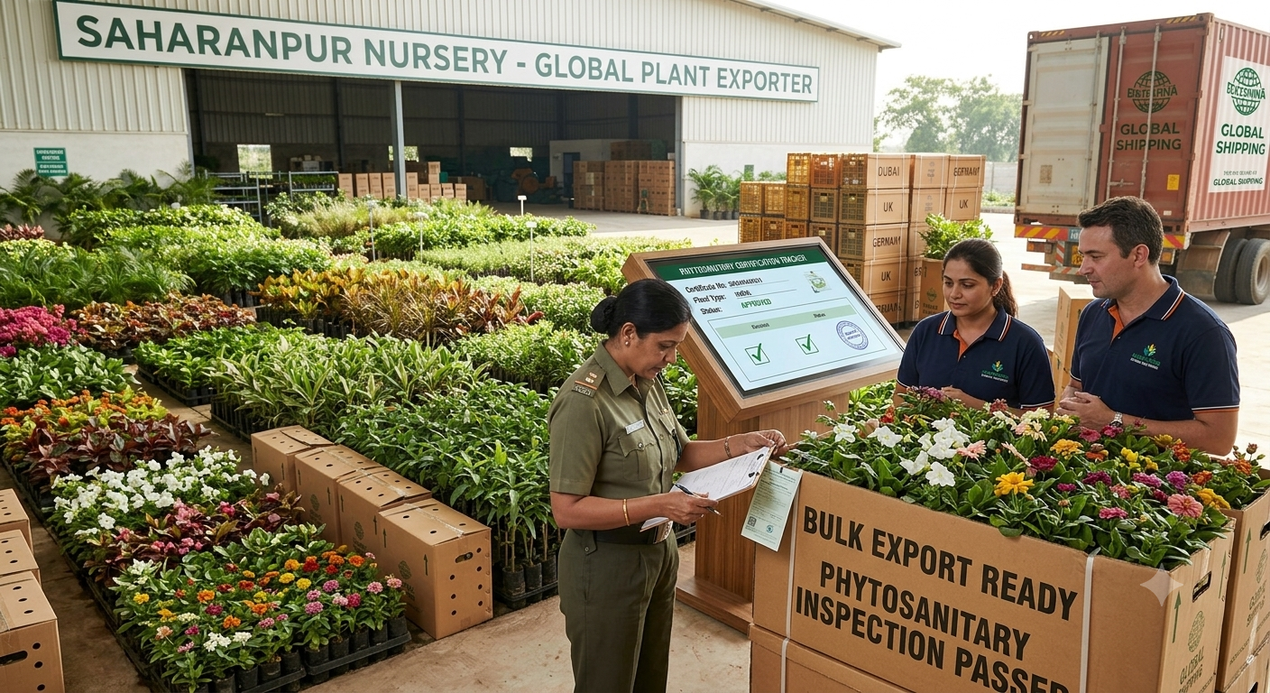 Plant health inspector verifying phytosanitary certificate and inspection tags for bulk nursery exports from Saharanpur