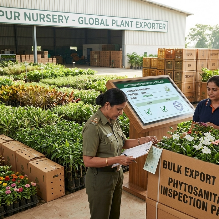 Plant health inspector verifying phytosanitary certificate and inspection tags for bulk nursery exports from Saharanpur