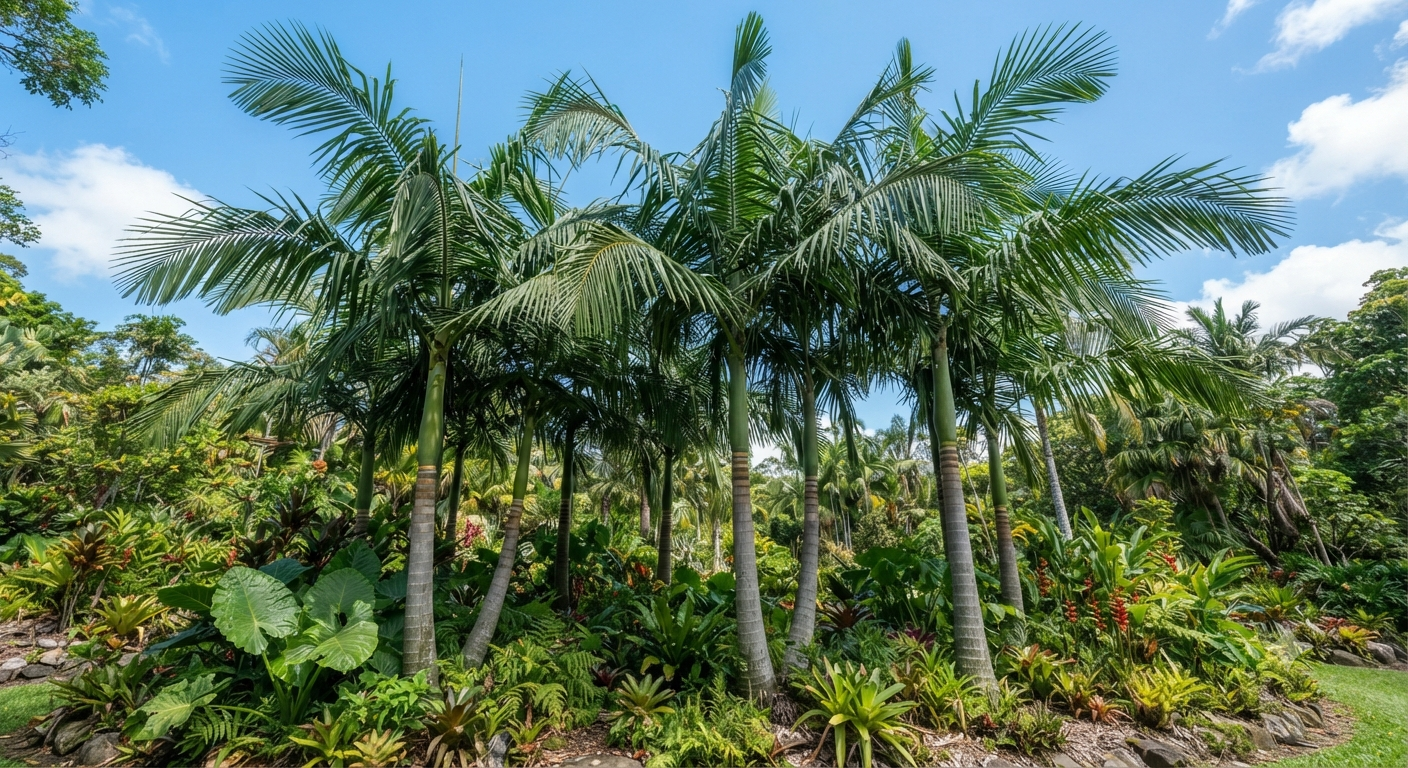 Seafotia Palm with long green leaves growing in a tropical landscaped garden