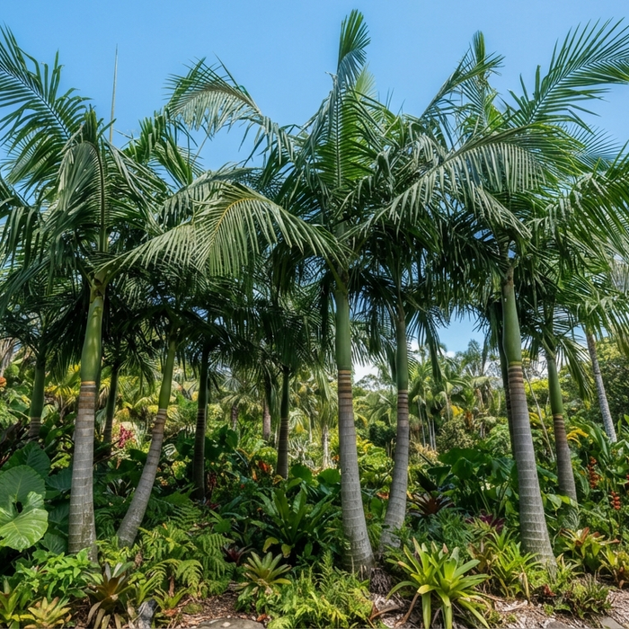 Seafotia Palm with long green leaves growing in a tropical landscaped garden
