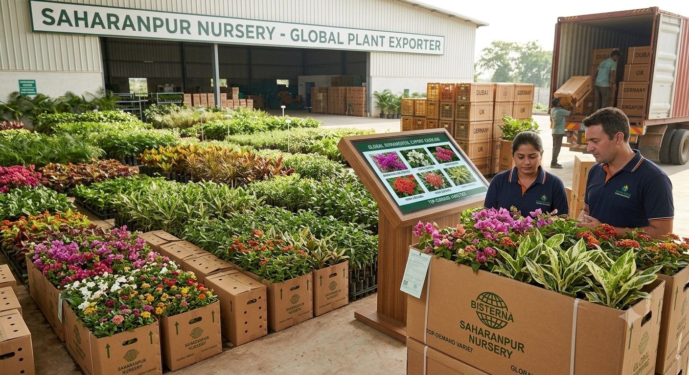Bulk export quality ornamental and flowering plants from Saharanpur being packed for international shipping at nursery facility