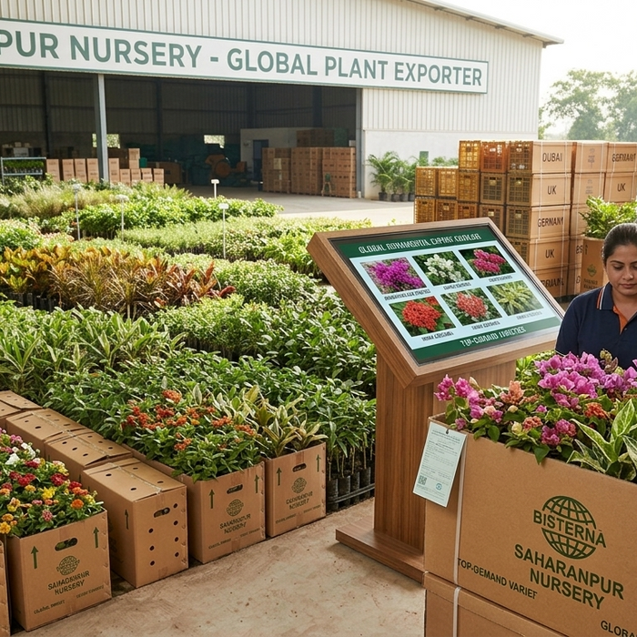Bulk export quality ornamental and flowering plants from Saharanpur being packed for international shipping at nursery facility