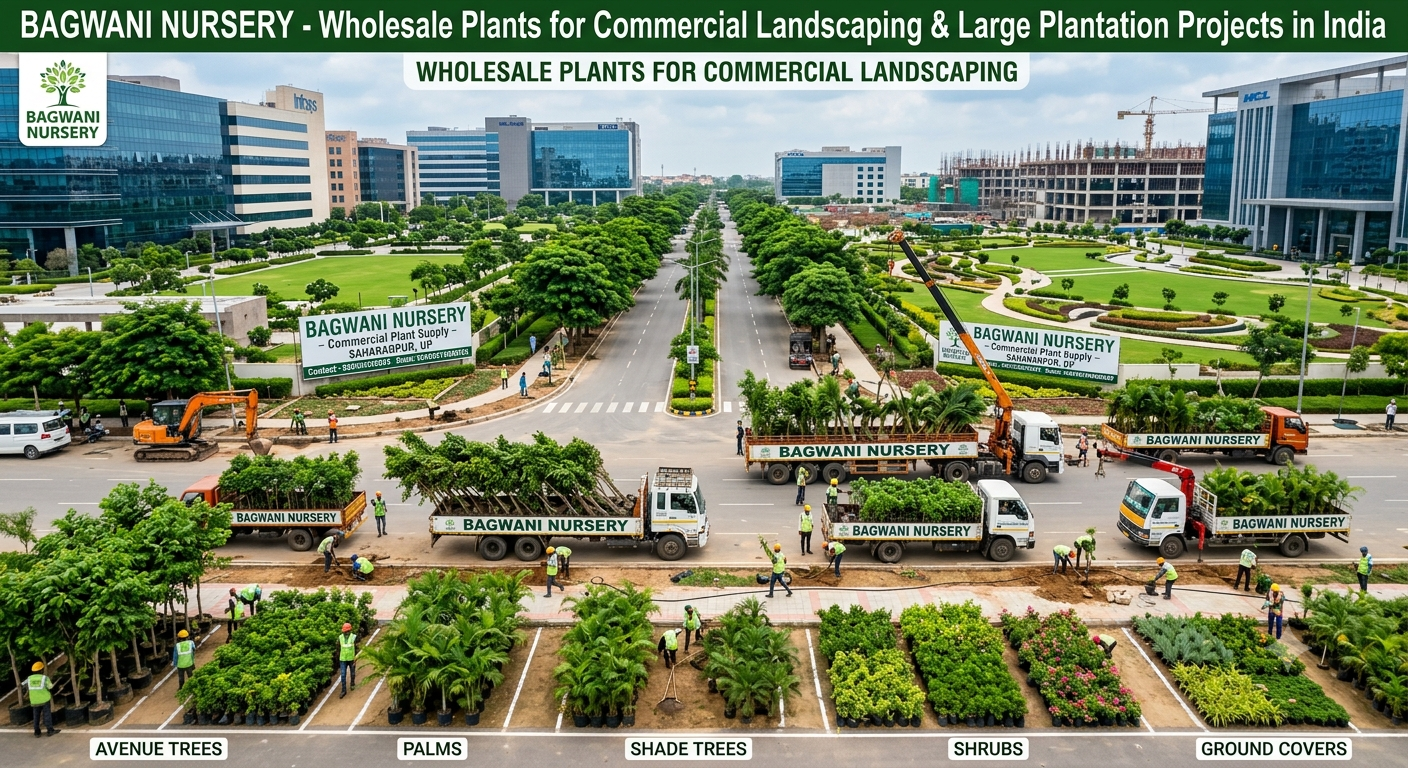 "Bagwani Nursery, Saharanpur dwara large-scale commercial landscaping project ke liye bulk plant supply, delivery trucks aur organized plant categories ka aerial view."