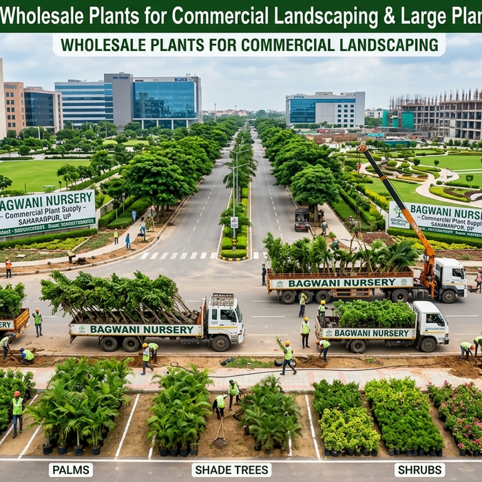 "Bagwani Nursery, Saharanpur dwara large-scale commercial landscaping project ke liye bulk plant supply, delivery trucks aur organized plant categories ka aerial view."