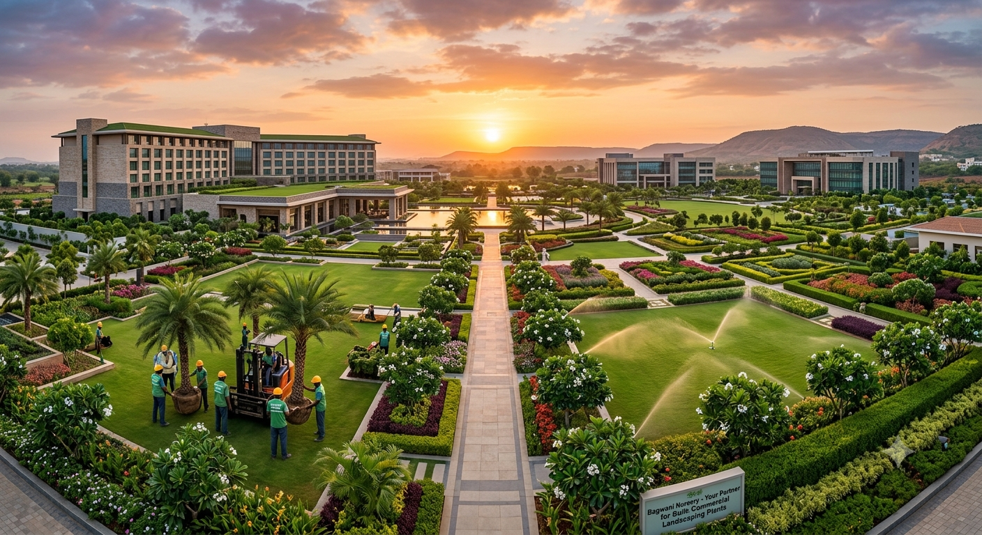 Commercial landscape project execution with manicured lawns, palm trees, automated sprinklers, and Bagwani Nursery site team