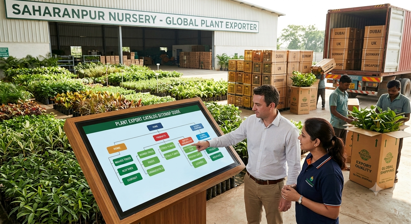 Digital sitemap display guide for plant export catalog showing international discovery paths at Saharanpur Nursery facility