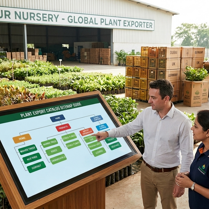 Digital sitemap display guide for plant export catalog showing international discovery paths at Saharanpur Nursery facility