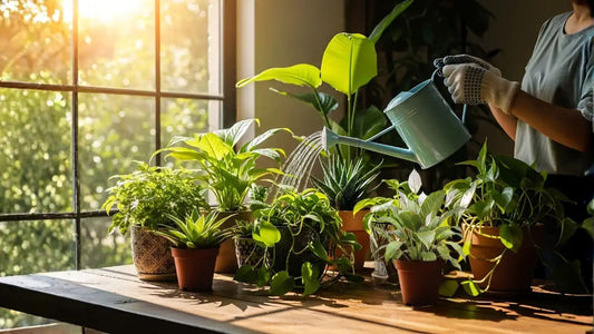Indoor plants being watered near a sunny window – low maintenance houseplants for home gardening from Saharanpur Nursery