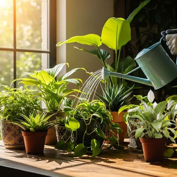 Indoor plants being watered near a sunny window – low maintenance houseplants for home gardening from Saharanpur Nursery