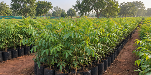 Rows of healthy Neem plants prepared for wholesale nursery supply